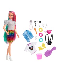 Mattel Barbie leopardi panenka s duhovymi vlasy a doplnky a