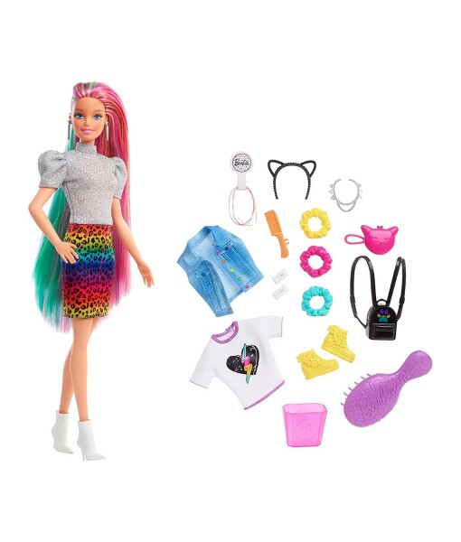Mattel Barbie leopardi panenka s duhovymi vlasy a doplnky a